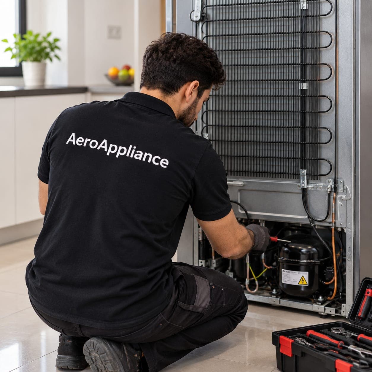 A technician repairing a refrigerator with the rear panel open